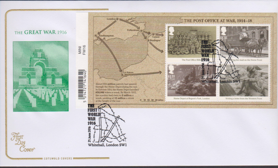 2016 - The Great War 1916, COTSWOLD Minisheet First Day Cover, Whitehall, London SW1 Postmark